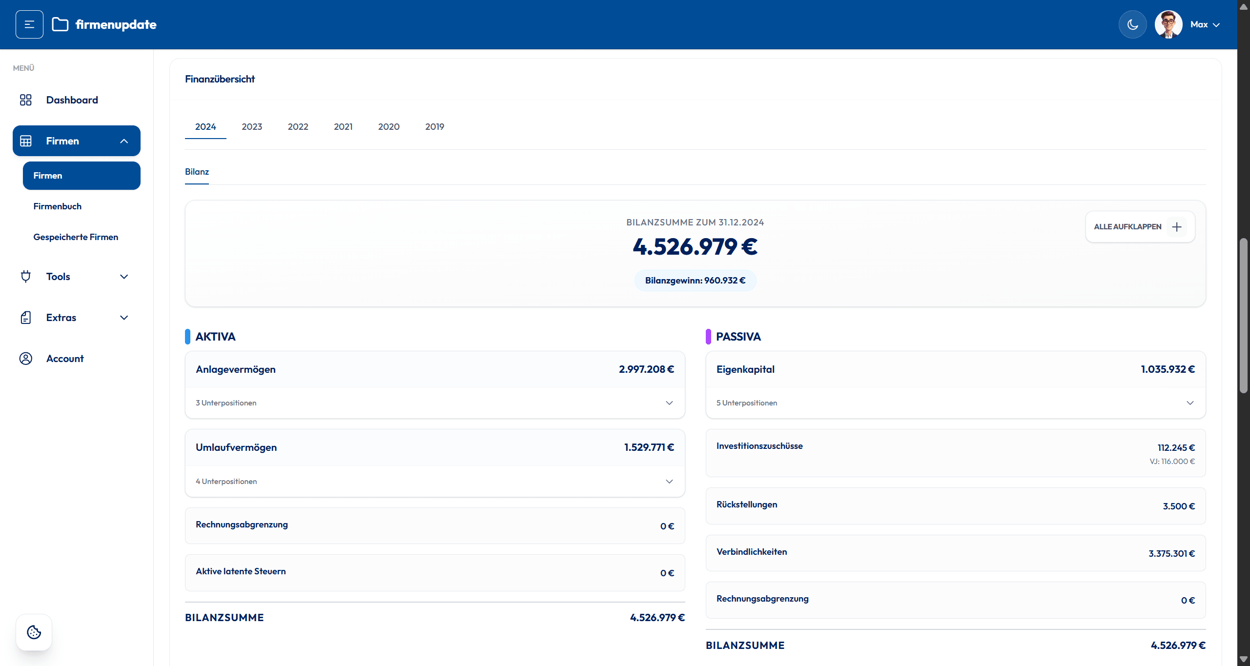 Firmendetail mit Finanzdaten
